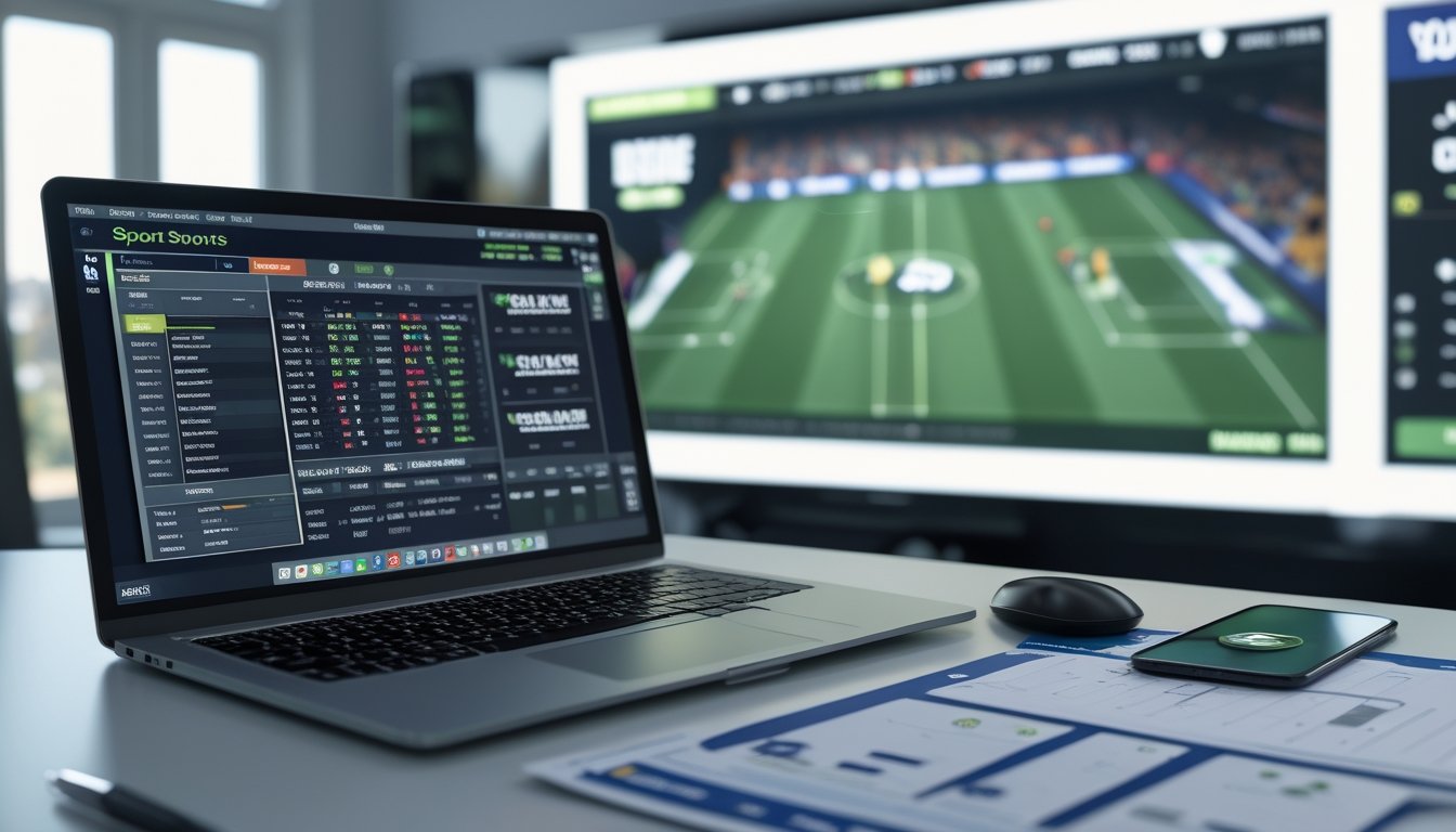 Meja kerja dengan laptop yang menampilkan statistik olahraga, kertas dengan grafik dan logo tim, serta layar besar yang menampilkan pertandingan sepak bola secara langsung.