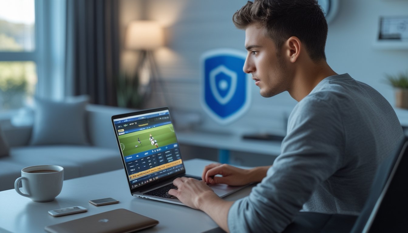 Seseorang menggunakan laptop di ruang kerja rumah dengan tampilan pertandingan sepak bola di layar, suasana tenang dan aman.