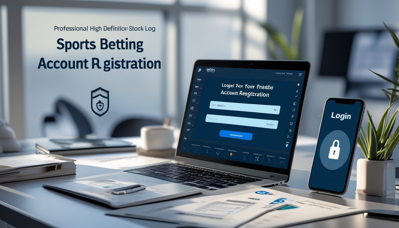 Meja kerja modern dengan laptop, ponsel, dan dokumen yang terkait dengan pendaftaran akun judi bola online secara aman.
