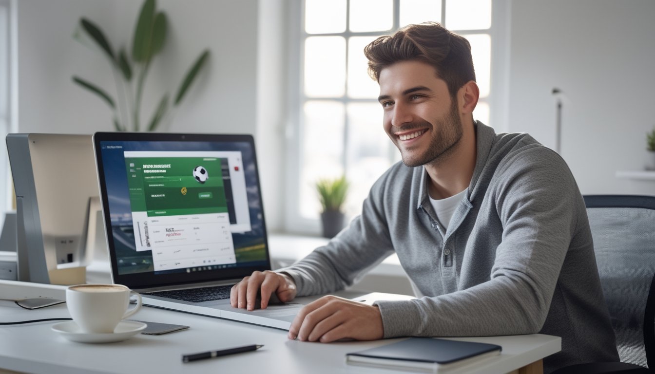 Seorang pria muda duduk di meja dengan laptop dan ponsel, tampak senang dan percaya diri saat menggunakan situs taruhan bola online dengan notifikasi penarikan cepat di ponsel.