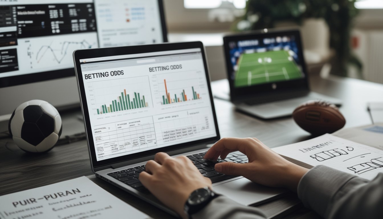 Meja kerja dengan laptop, smartphone, dan buku catatan yang menunjukkan aktivitas belajar tentang taruhan sepak bola.