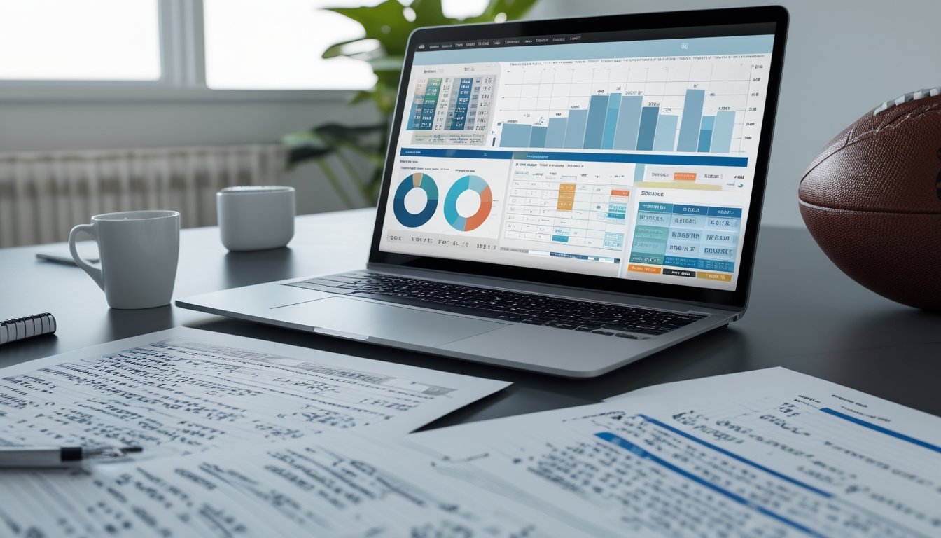 Meja kerja dengan laptop yang menampilkan grafik taruhan sepak bola, bola sepak di latar belakang, dan catatan serta kertas berisi statistik taruhan.
