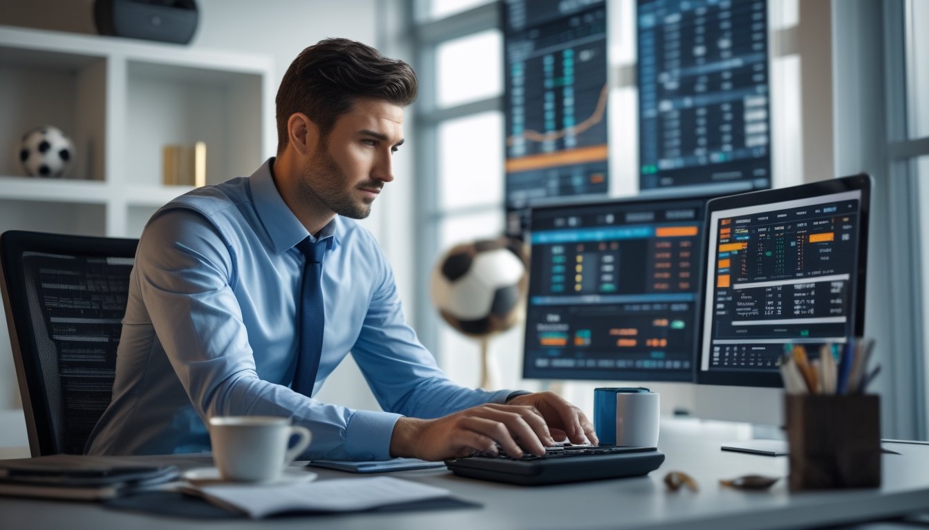 Seorang pria berpakaian rapi duduk di meja kantor dengan layar komputer yang menampilkan data taruhan bola dan grafik keuangan.