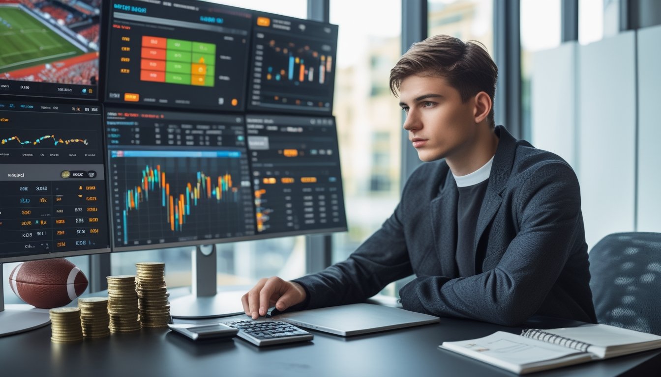 Seorang pria muda duduk di meja dengan layar komputer menampilkan statistik pertandingan sepak bola dan grafik keuangan, sambil menggunakan kalkulator dan mencatat.