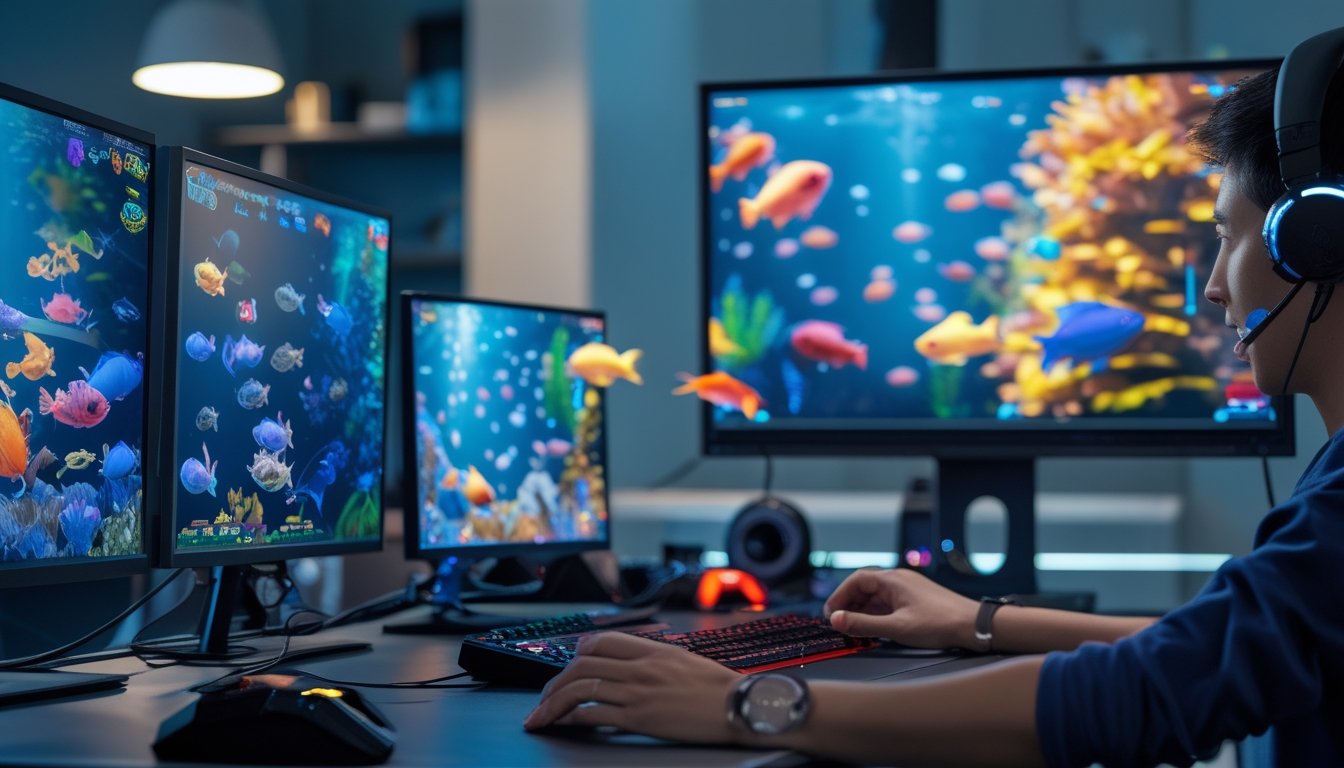 Sebuah ruang bermain game dengan layar komputer menampilkan adegan bawah laut penuh ikan berwarna-warni dalam permainan tembak ikan 3D.