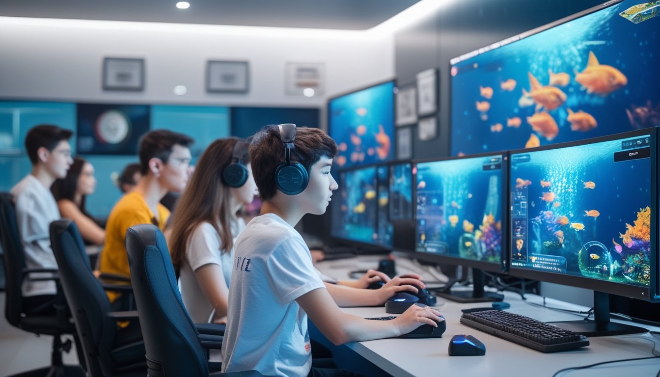 Sekelompok orang muda bermain game tembak ikan 3D secara online di ruang permainan modern dengan komputer dan layar besar.