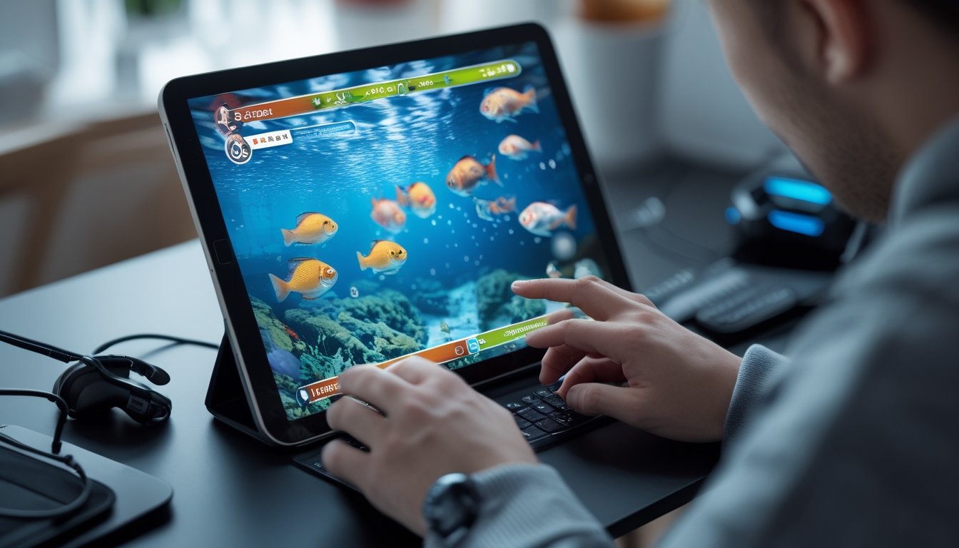 Seseorang sedang bermain game tembak ikan 3D online di perangkat digital dengan latar belakang yang samar.