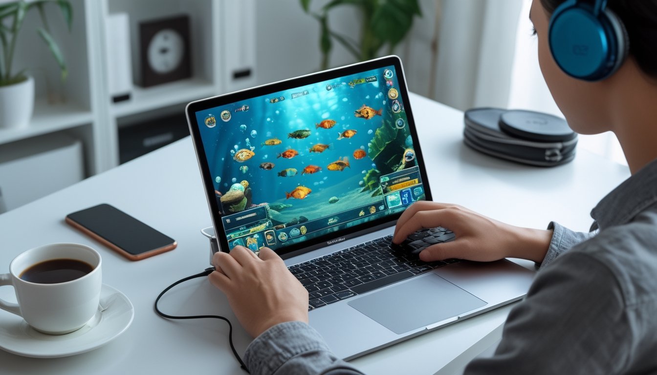 Seorang pria muda sedang bermain permainan tembak ikan 3D online di laptop di ruang kerja yang rapi dan terang.