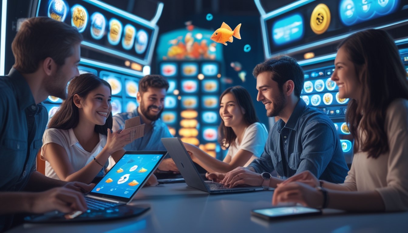 Sejumlah orang bermain permainan slot dan tembak ikan 3D di perangkat digital dengan latar belakang suasana permainan yang penuh warna dan menarik.