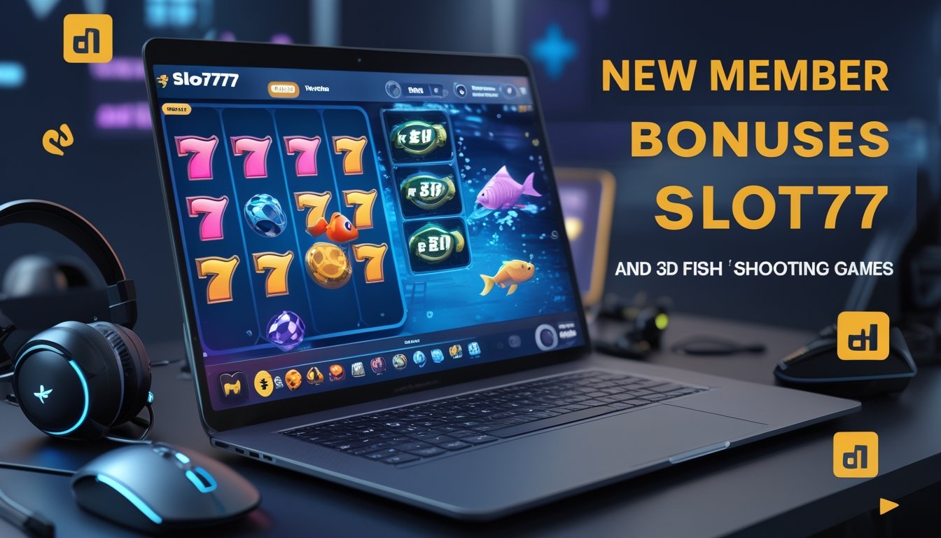 Seorang pengguna duduk di depan laptop yang menampilkan grafik permainan slot dan tembak ikan 3D dengan aksesori gaming di meja.