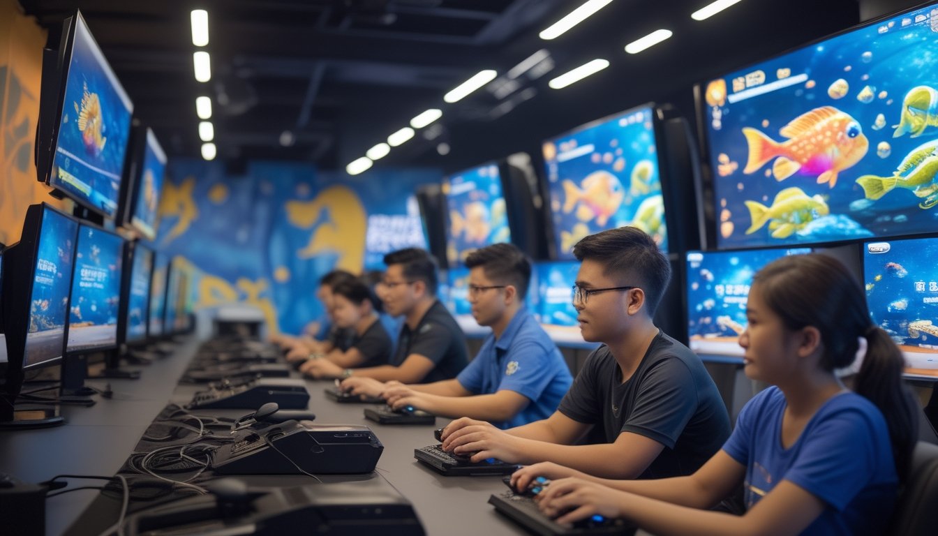 Sekelompok orang muda sedang bermain game menembak ikan 3D di ruang dengan layar komputer dan suasana yang cerah.
