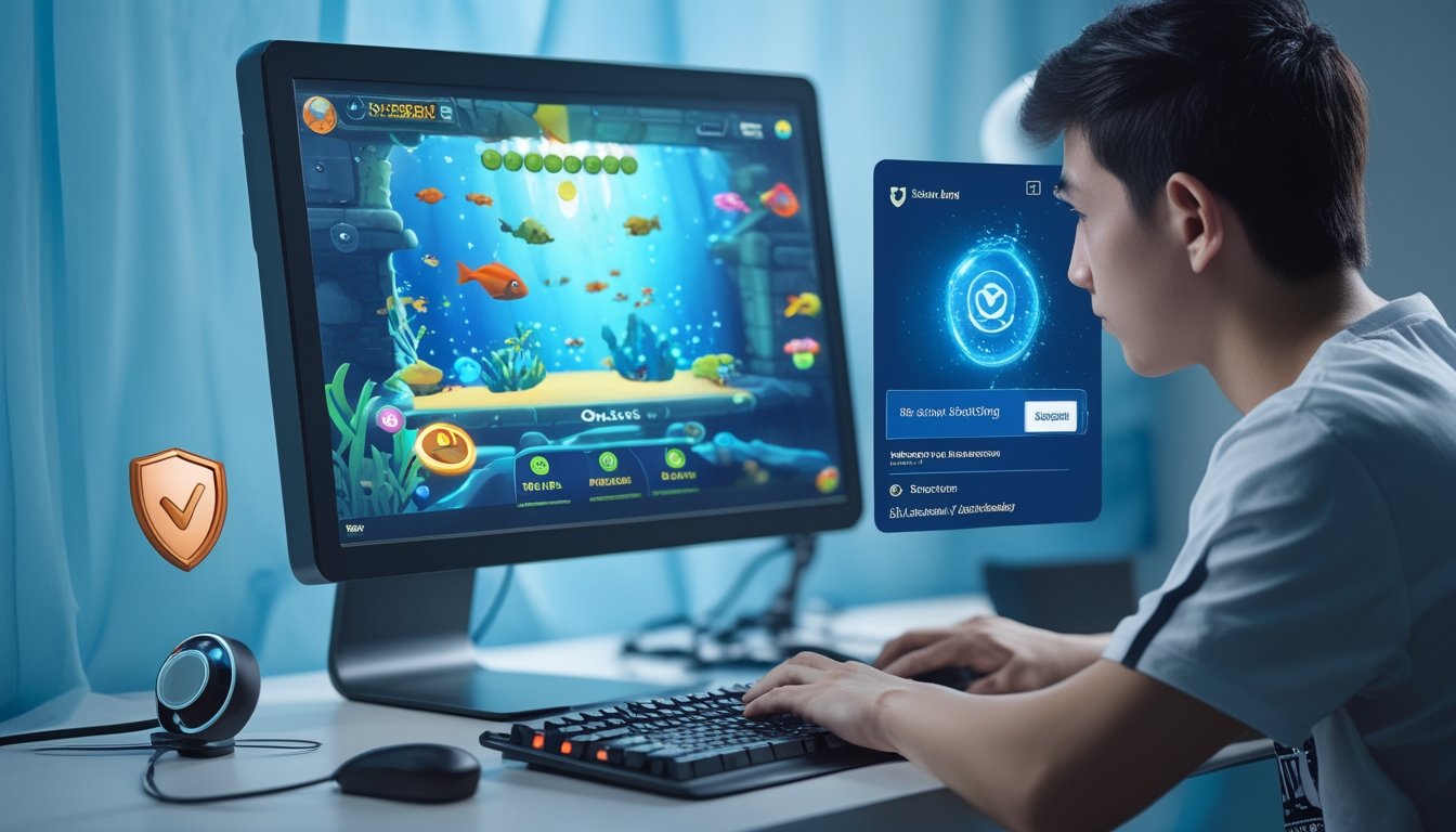 Seorang pemain muda sedang fokus menggunakan komputer dengan permainan tembak ikan 3D di layar, di lingkungan yang bersih dan bernuansa bawah laut.
