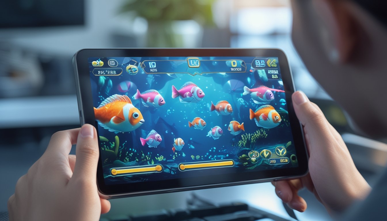 Seseorang sedang bermain game menembak ikan besar di layar perangkat digital dengan latar belakang bawah laut berwarna-warni.