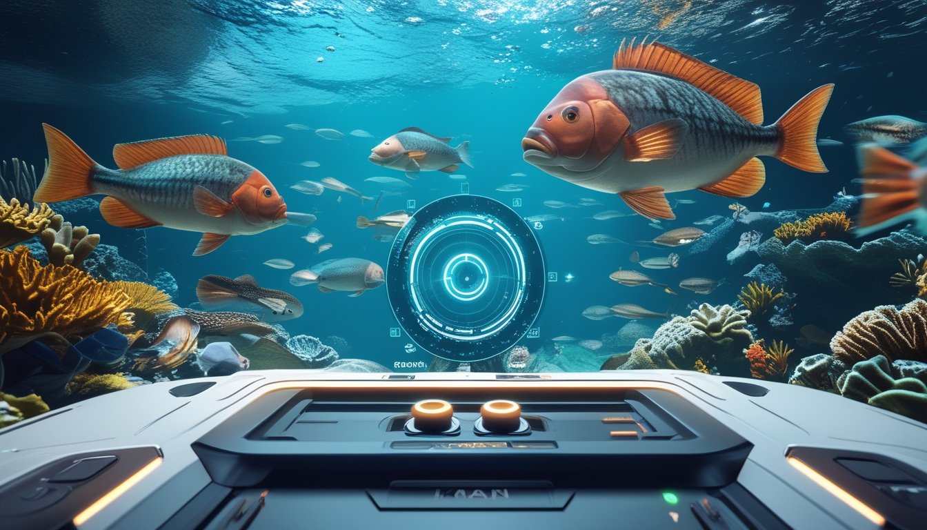 Pemandangan bawah laut dengan ikan besar berwarna-warni dan panel kontrol permainan digital yang futuristik.