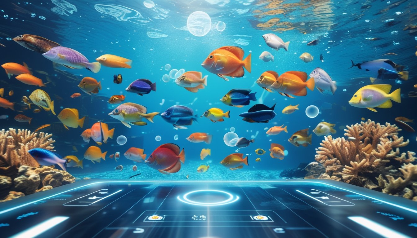 Pemandangan bawah laut dengan berbagai ikan tropis berwarna-warni dan terumbu karang, menampilkan antarmuka permainan digital transparan di atas air.