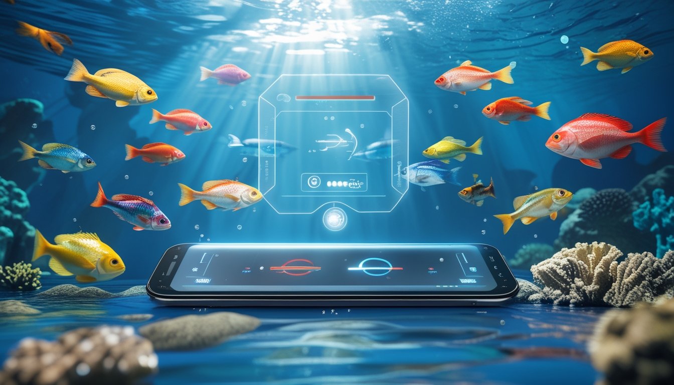 Pemandangan bawah laut dengan ikan berwarna-warni dan perangkat permainan digital yang menampilkan elemen holografik tanpa teks.