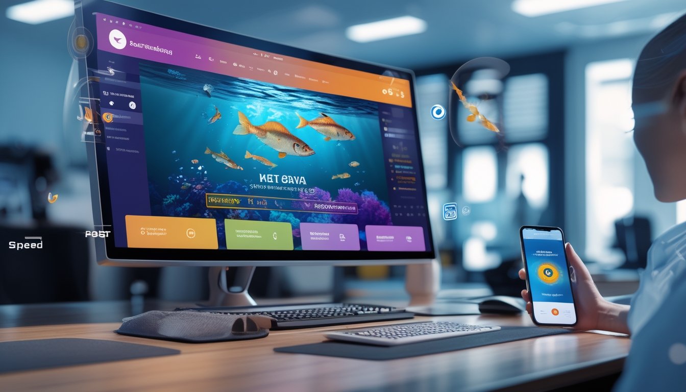 Meja komputer modern dengan layar menampilkan permainan tembak ikan 3D dan ponsel yang menunjukkan aplikasi dompet elektronik dalam ruangan kantor yang terang.
