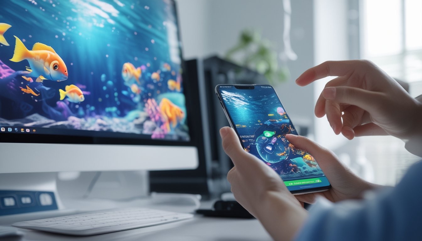 Orang menggunakan ponsel dengan tampilan permainan tembak ikan 3D dan ikon dompet digital di meja kerja.