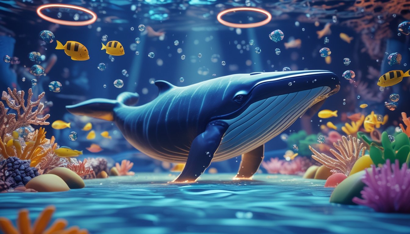 Pemandangan bawah laut dengan paus besar dan berbagai ikan berwarna-warni dalam permainan tembak ikan 3D.