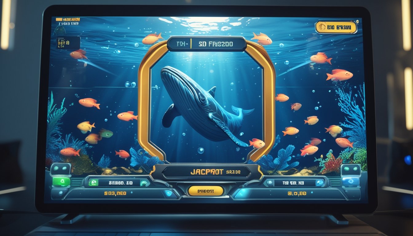Tampilan layar komputer yang menunjukkan permainan tembak ikan 3D dengan ikan warna-warni dan paus besar sebagai target jackpot.