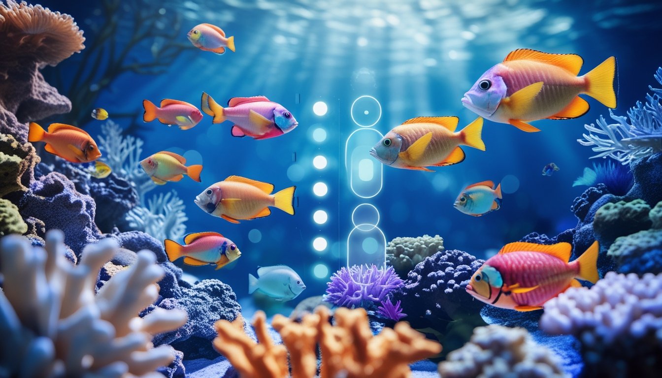 Pemandangan bawah laut dengan ikan tropis berwarna-warni berenang di antara terumbu karang.
