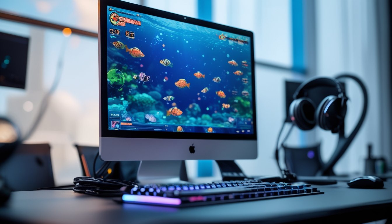 Sebuah meja kerja dengan komputer menampilkan permainan tembak ikan 3D yang berwarna-warni dan aksesori gaming di sekitarnya.