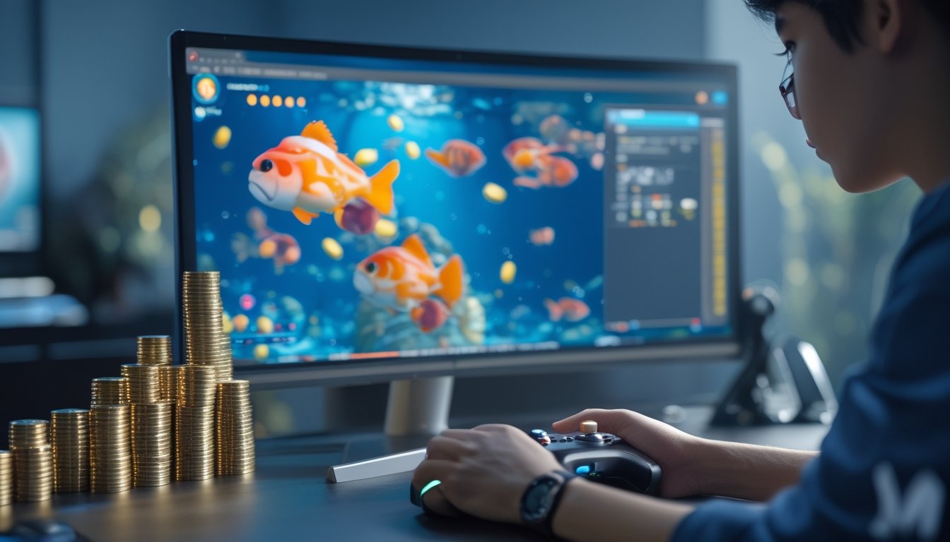 Seorang pemain game sedang mengatur peluru dan koin di depan layar komputer yang menampilkan permainan tembak ikan 3D dengan latar bawah laut.