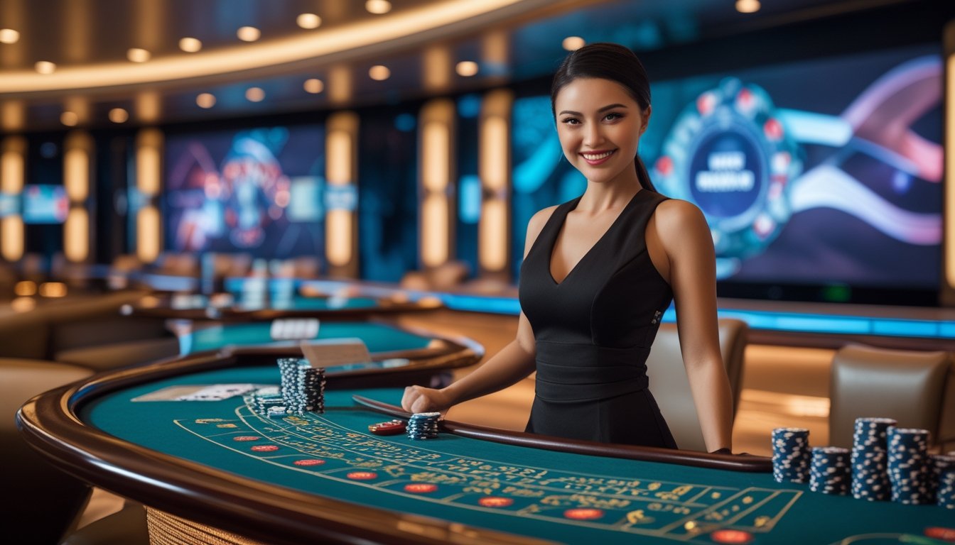 Seorang dealer wanita profesional berdiri di belakang meja kasino dengan kartu dan chip, di studio kasino modern yang terang dan mewah.