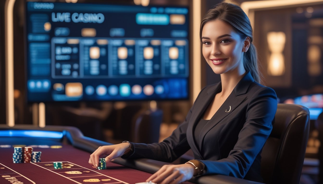 Seorang dealer wanita profesional sedang membagikan kartu di meja kasino dengan layar besar menampilkan platform kasino online di latar belakang.