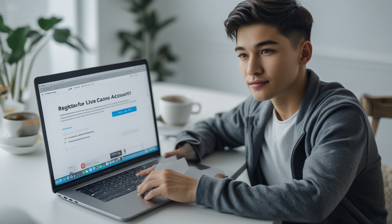 Seseorang duduk di depan laptop di meja kerja yang rapi, sedang mempersiapkan pendaftaran akun live casino dengan suasana tenang dan teratur.