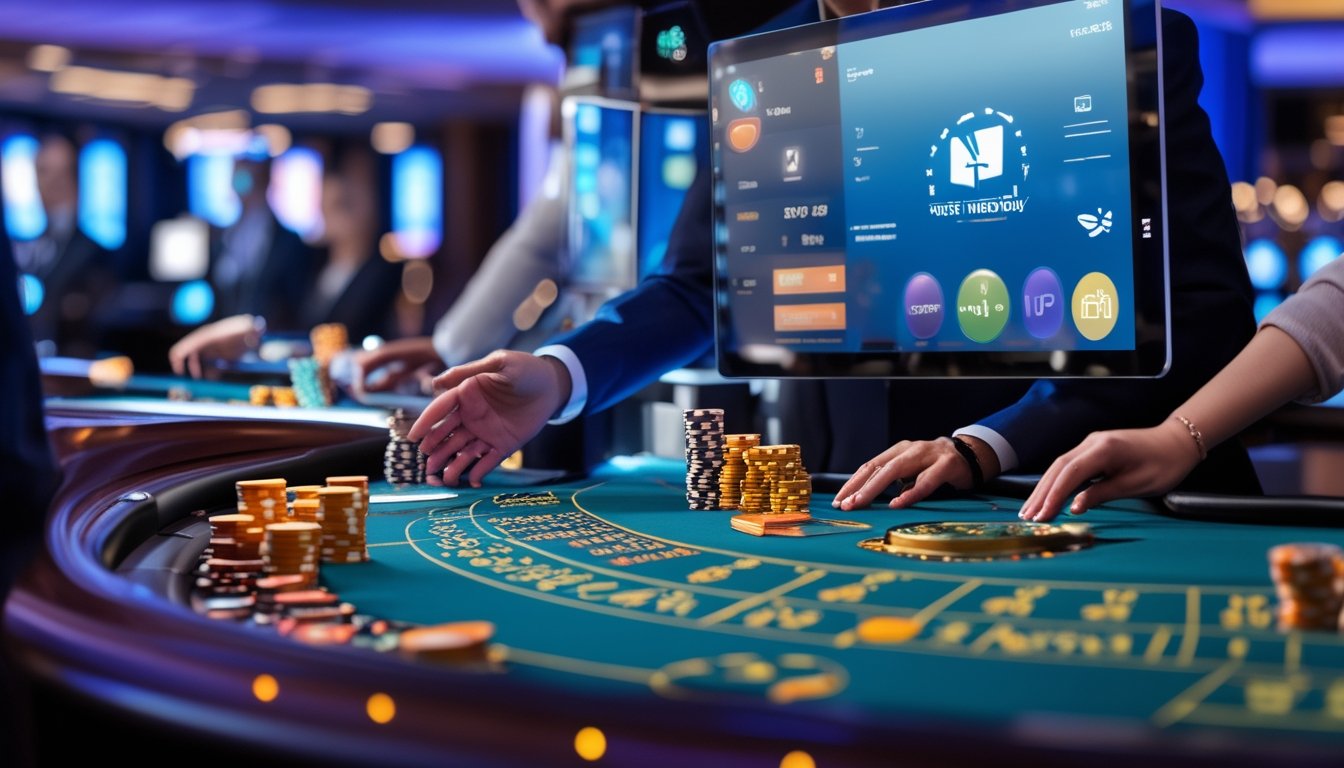 Suasana kasino langsung dengan dealer dan pemain di meja permainan, menampilkan transaksi deposit cepat melalui e-wallet.