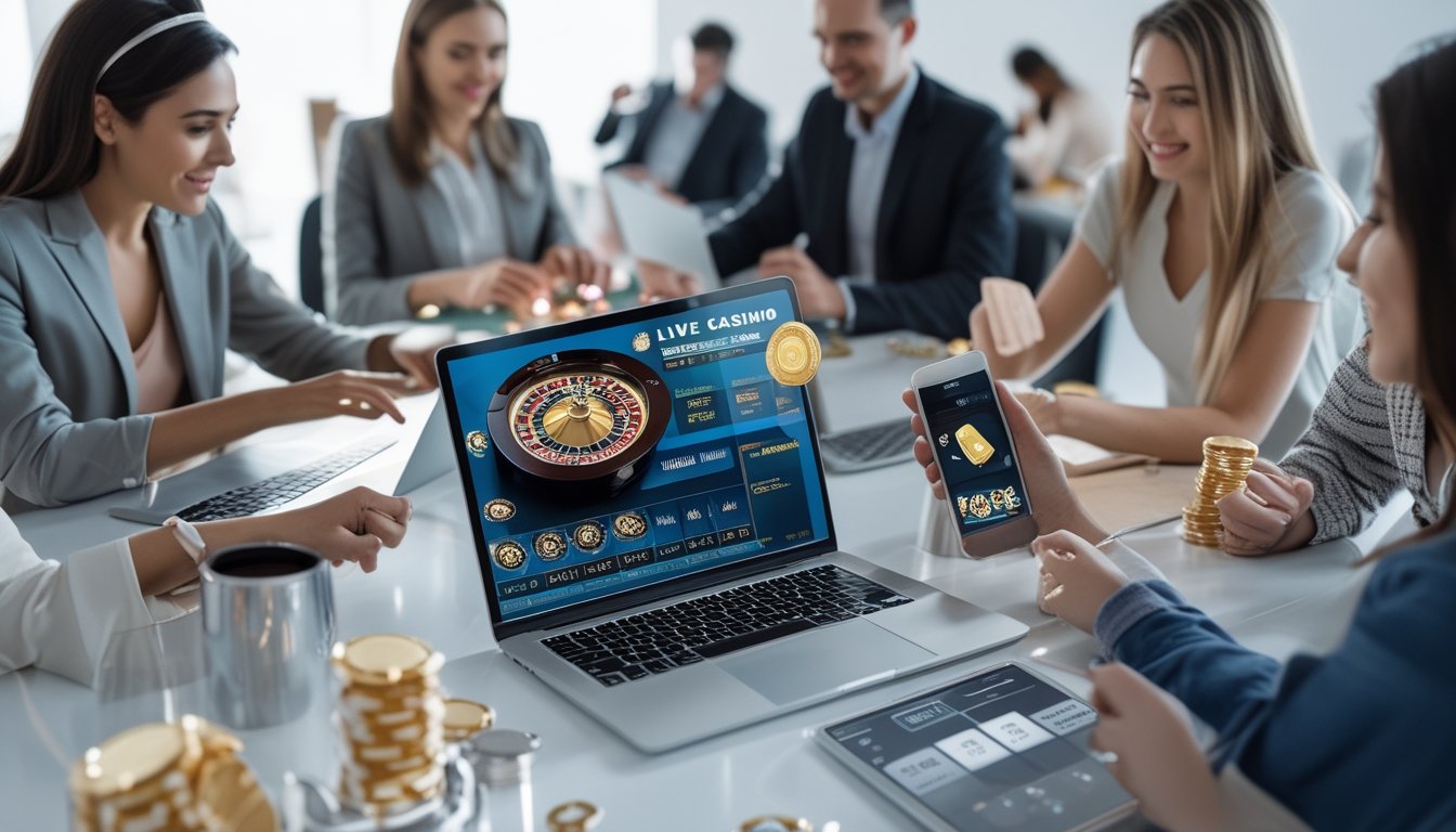 Beberapa orang menggunakan perangkat digital untuk bermain live casino dengan antarmuka e-wallet yang menunjukkan transaksi cepat dan aman.