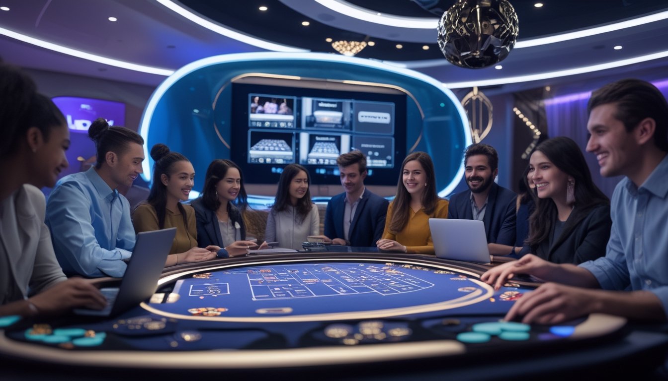 Sekelompok orang muda bermain baccarat online di meja digital dengan layar besar di latar belakang, suasana kasino modern dan futuristik.