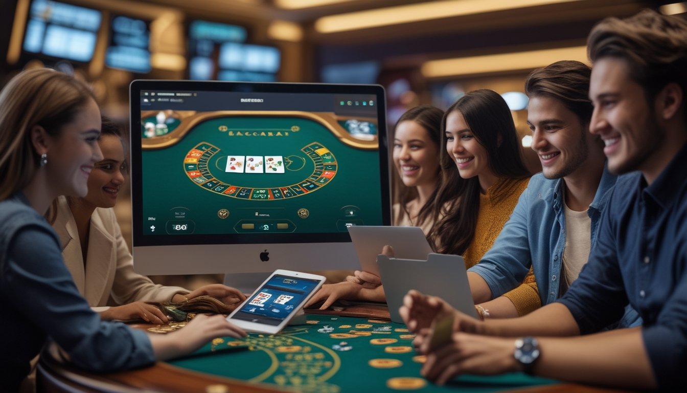 Beberapa orang muda sedang bermain Baccarat online di komputer dan ponsel di ruangan yang nyaman dengan meja kasino dan chip di latar belakang.