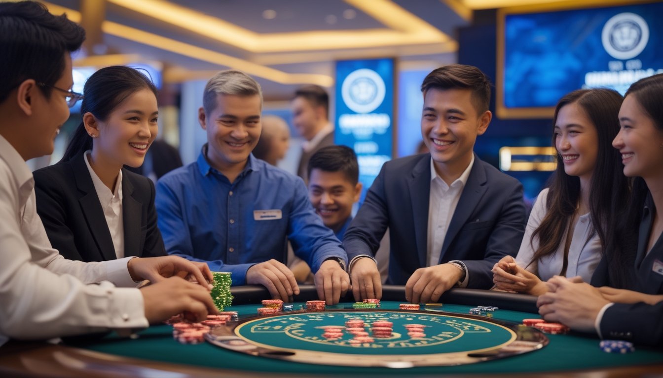 Suasana kasino live resmi dengan pemain dan dealer di meja permainan, menampilkan taruhan kecil dan suasana yang ramah.