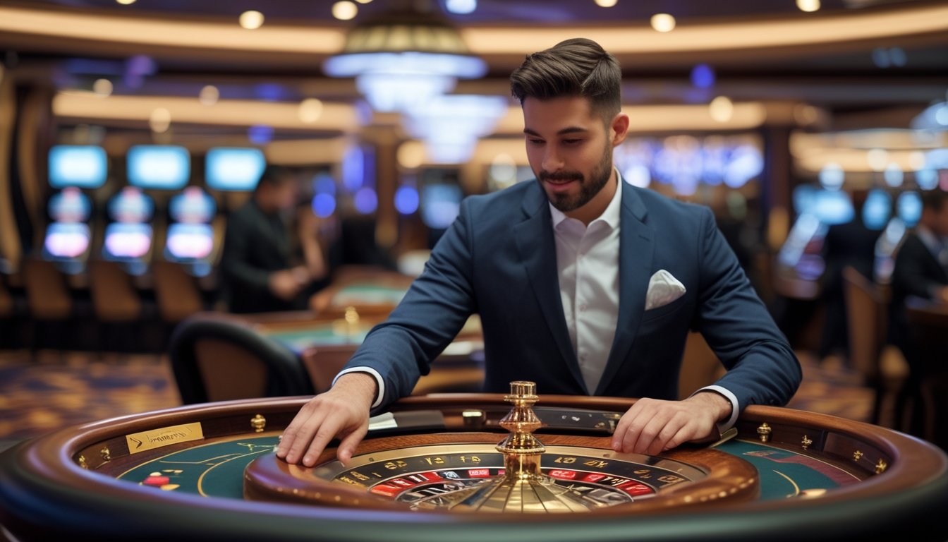 Seorang pria berpakaian rapi sedang memasang chip di meja roulette di kasino dengan dealer yang sedang memutar roda roulette.