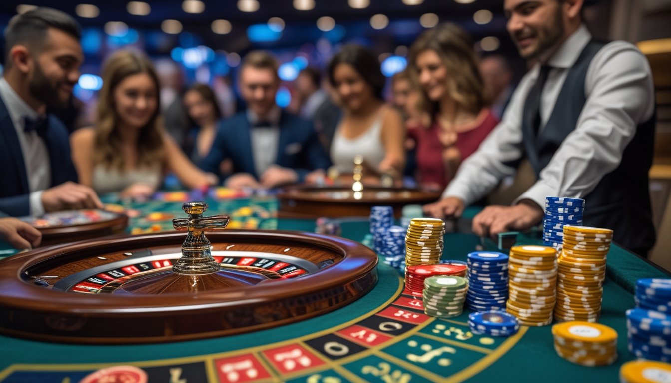 Meja roulette kasino langsung dengan roda berputar, tumpukan chip warna-warni, dan pemain serta dealer yang fokus bermain.
