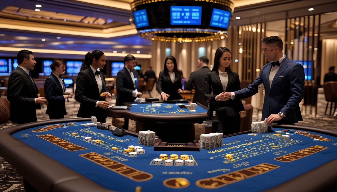 Suasana kasino langsung dengan meja blackjack dan sicbo, dealer dan pemain sedang bermain di lingkungan kasino yang mewah.