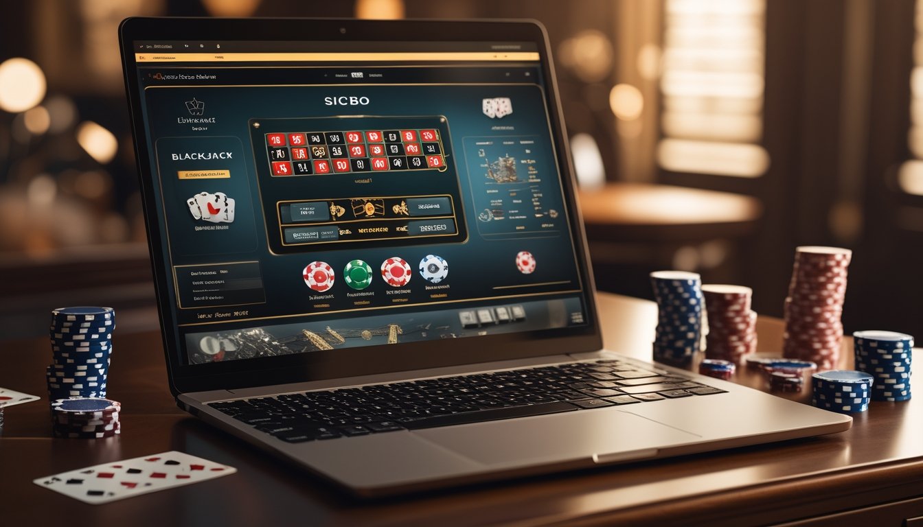 Seorang pria menggunakan komputer dengan layar menampilkan permainan kasino live blackjack dan sicbo, dikelilingi oleh chip poker dan kartu di atas meja kayu.