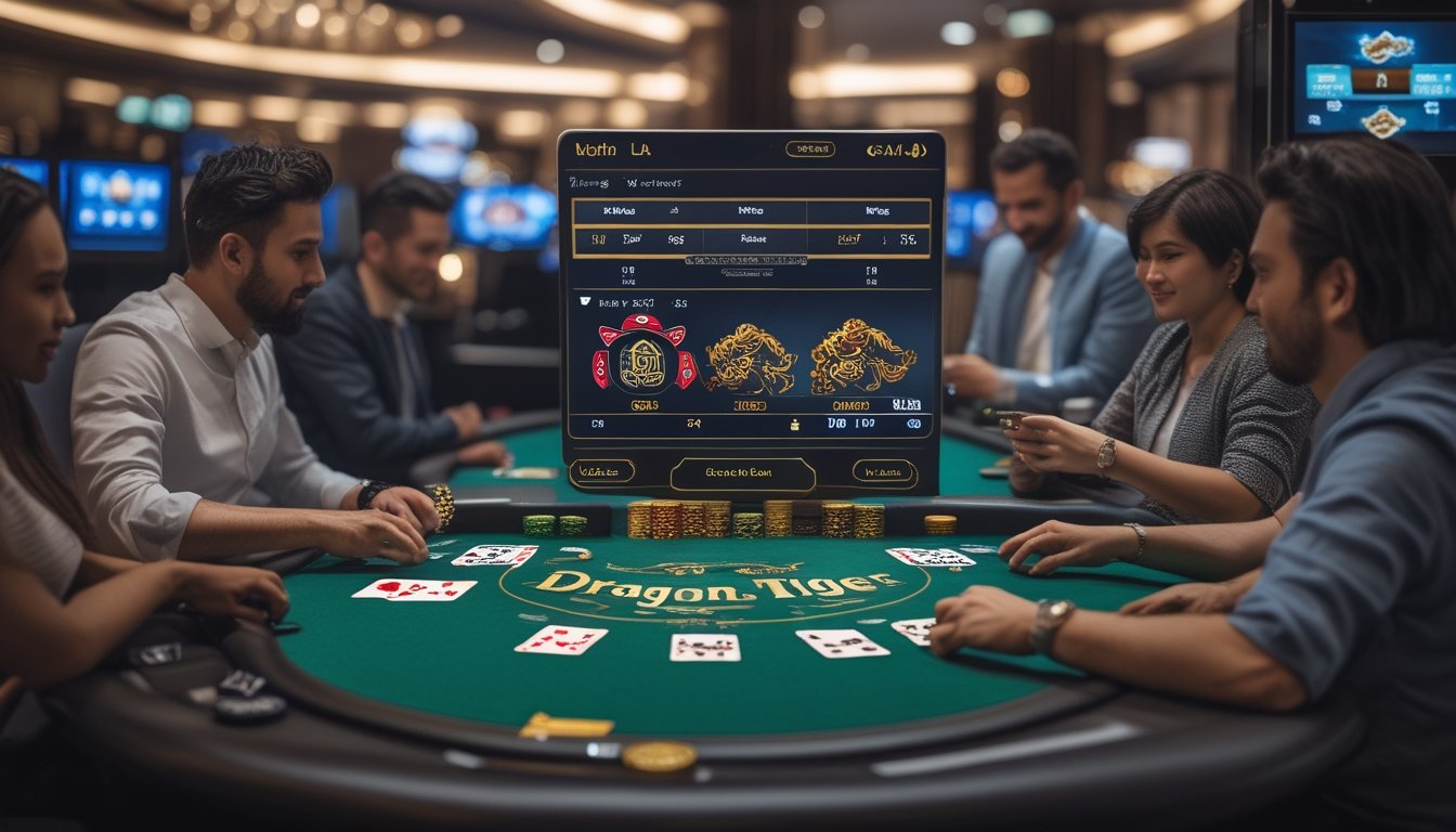 Meja kasino online dengan permainan Dragon Tiger sedang berlangsung, pemain fokus pada kartu dan layar taruhan.