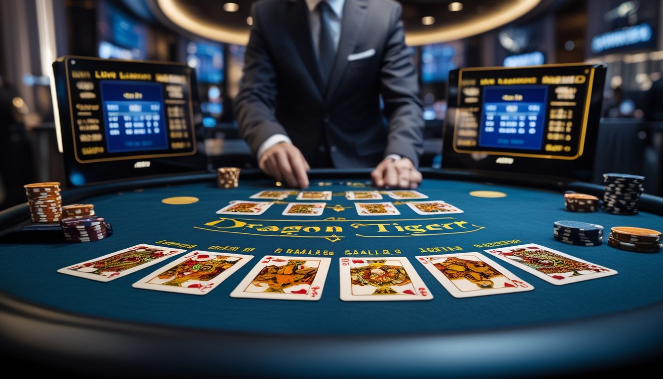 Meja kasino dengan kartu Dragon Tiger, dealer sedang mengelola permainan, layar digital menampilkan statistik odds.