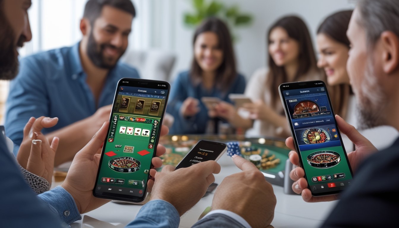 Orang-orang menggunakan ponsel Android dan iOS untuk bermain permainan kasino langsung di lingkungan yang nyaman.