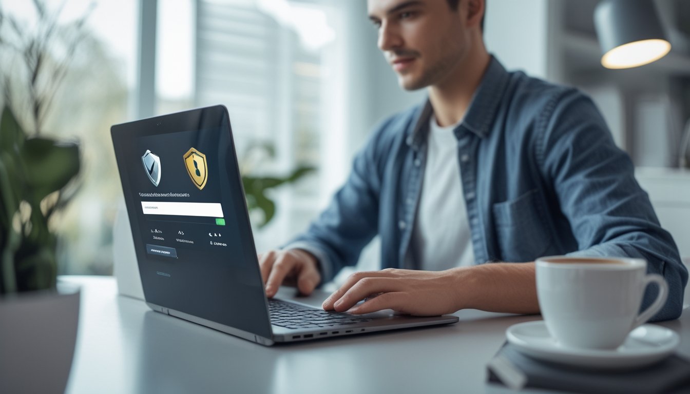 Seseorang sedang menggunakan laptop untuk mendaftar akun secara online di ruang kerja modern yang terang dan rapi.