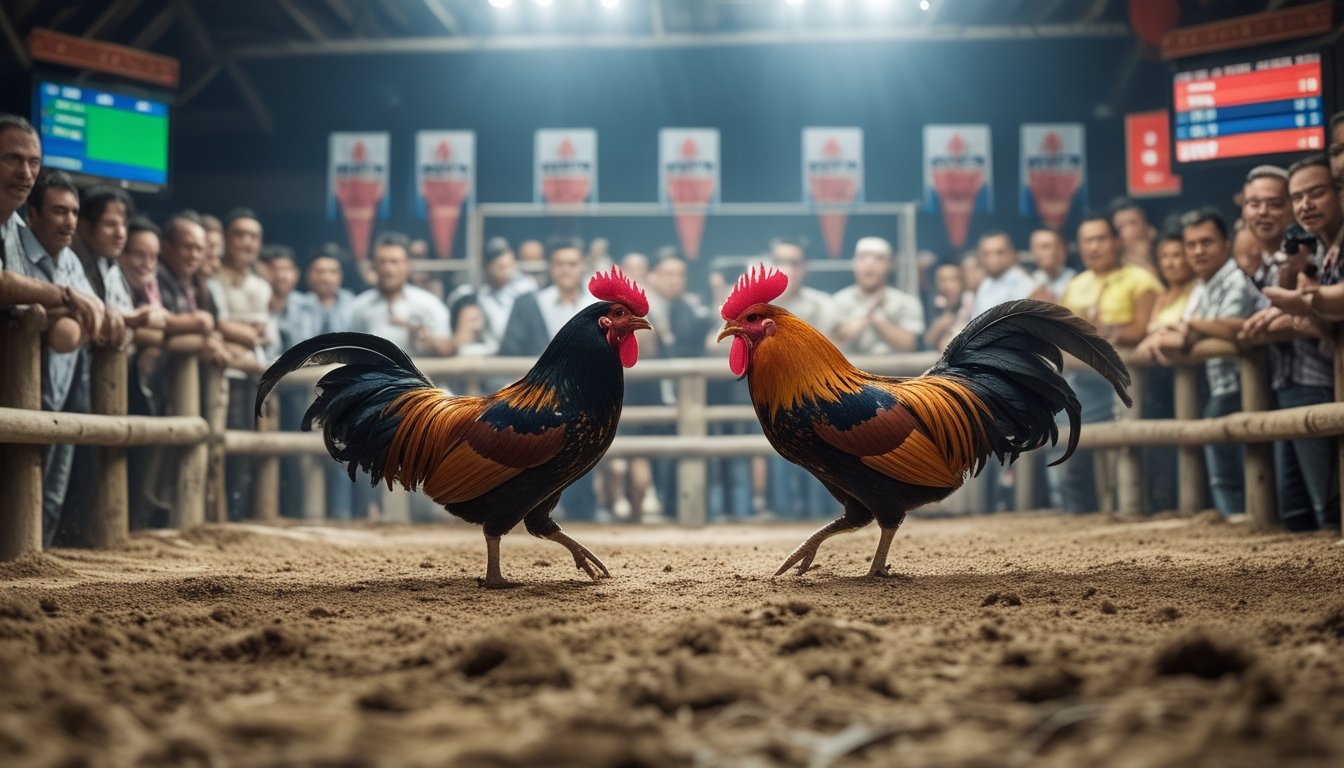 Adegan dua ayam jago bertarung di arena dengan penonton ramai di sekitarnya.