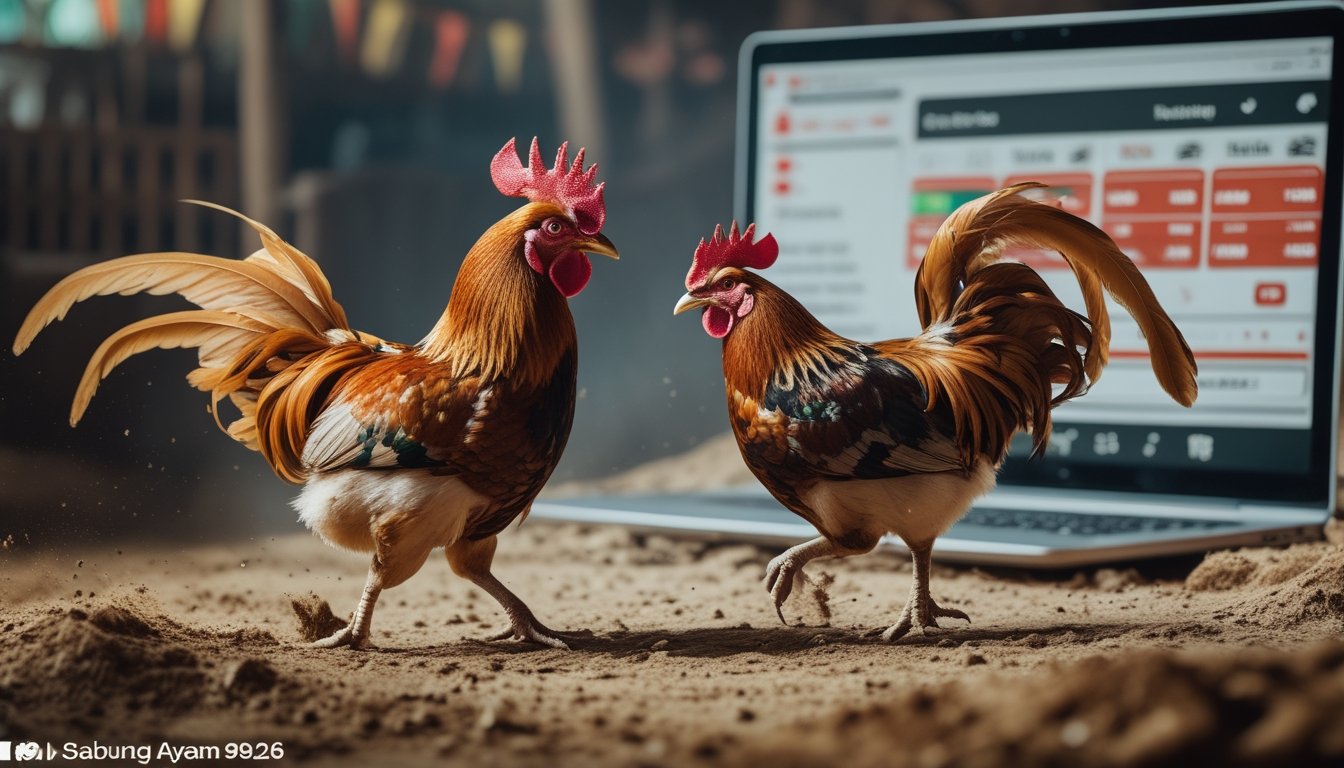 Dua ayam jantan sedang bertarung di depan layar digital dengan tampilan taruhan langsung dan statistik pertandingan.