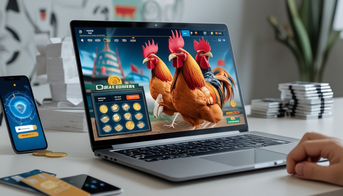 Seorang pengguna komputer dengan layar menampilkan permainan sabung ayam virtual dan perangkat pembayaran digital di meja kerja yang rapi.