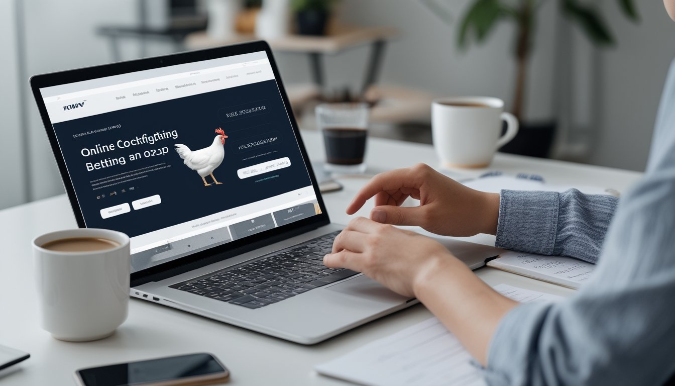 Seseorang menggunakan laptop di meja kerja dengan tampilan situs taruhan sabung ayam online di layar.