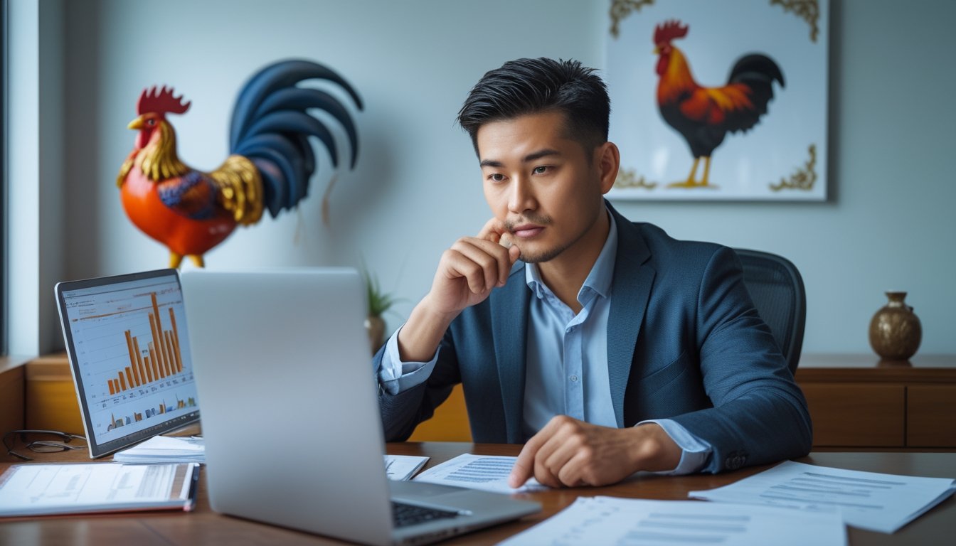 Seorang pria Asia Tenggara duduk di meja kerja dengan laptop dan catatan, tampak fokus merencanakan strategi.