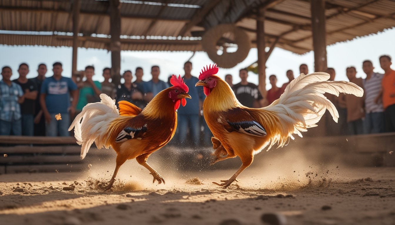 Pertarungan dua ayam jago di arena sabung ayam dengan penonton yang antusias di latar belakang.
