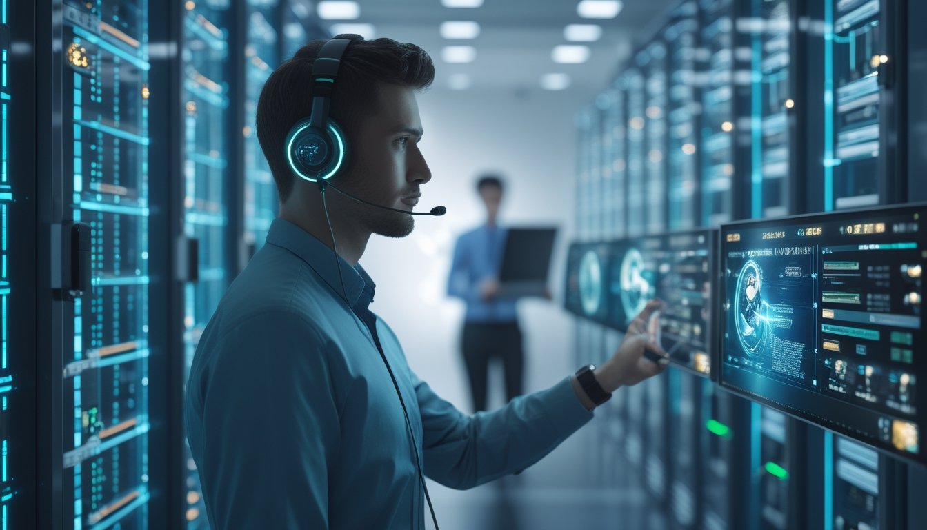 Seorang teknisi pria sedang memantau layar komputer di depan rak server modern yang menyala di pusat data.